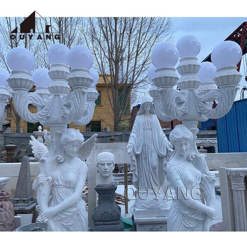 QUYANG Outdoor Natural Stone Carving Lady Column Lighting Garden Decoration White Marble Woman Statue Lamp For Villa