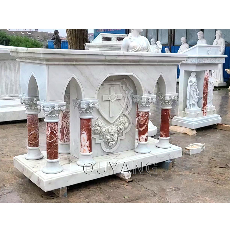 QUYANG Western Style Religious Kneeling Angel Statue Marble Altars Table Church Decoration Stone Altar for sale