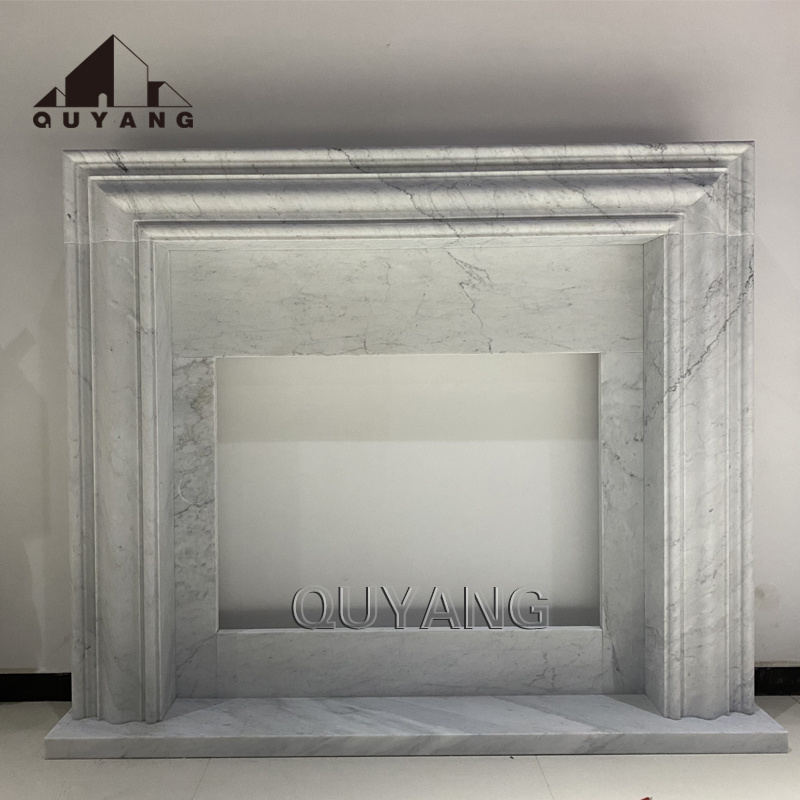 QUYANG Modern Luxury Home Decor Fireplace Mantle White Stone Mantel Marble Arabescato Freestanding Fireplace