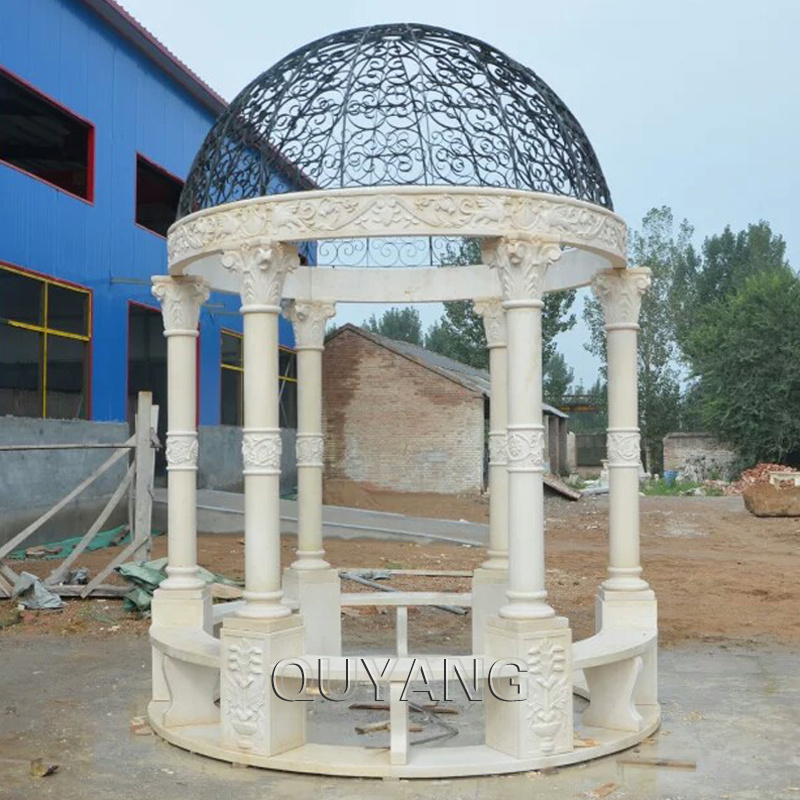 QUYANG Outdoor Decoration Round Column Metal Roof Stone Wedding Pavilion White Marble Garden Gazebo