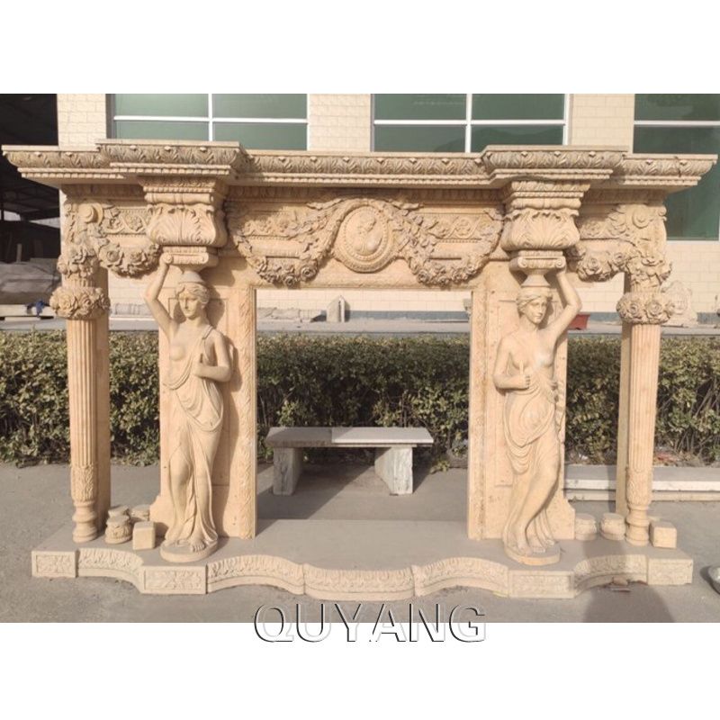 QUYANG Modern Designs Hand Carving Natural Stone Fireplace Mantles White Marble Fireplaces For Indoor Decoration