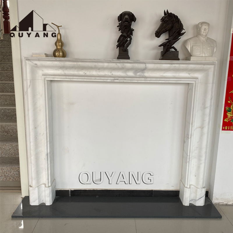 QUYANG Modern Indoor Decoration Hand Carved Natural Lined Stone Relief White Marble  Freestanding Fireplace Mantel