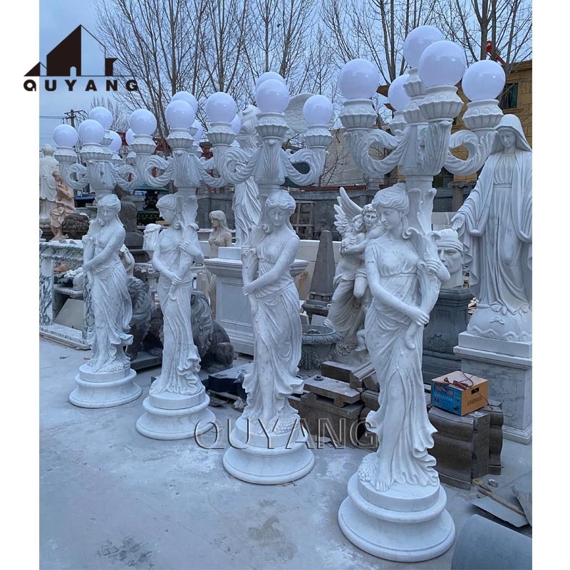 QUYANG Outdoor Natural Stone Carving Lady Column Lighting Garden Decoration White Marble Woman Statue Lamp For Villa