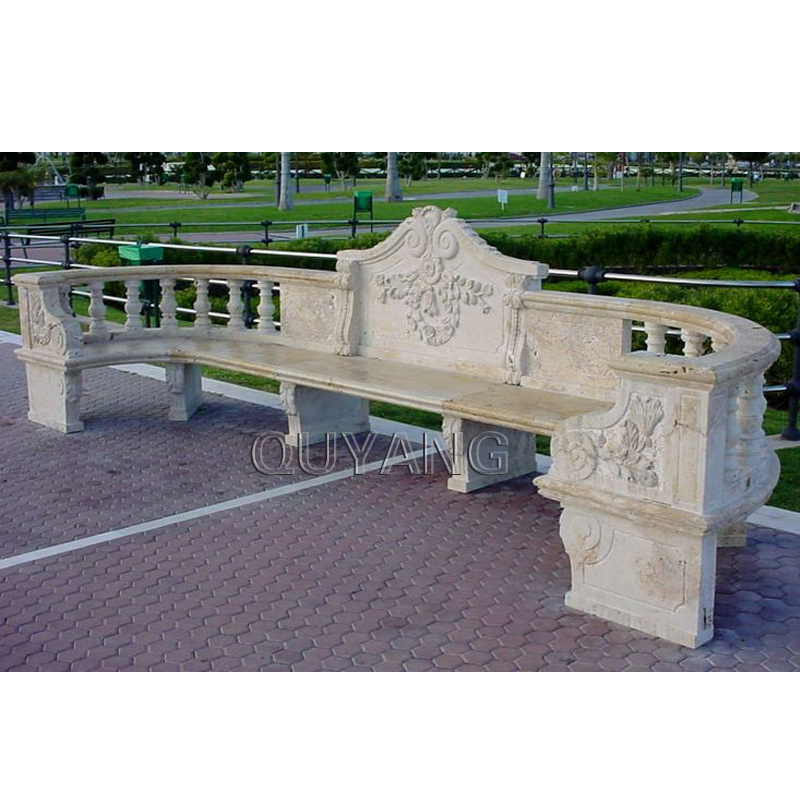 QUYANG Outdoor Decoration Modern Design Large Natural Stone Carving Lion Garden White Marble Granite Bench for Sale