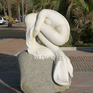 QUYANG Modern Outdoor Handcarved Life Size Naked Woman Yemaya White Marble Mermaid Statue Garden Decoration Stone Sculpture