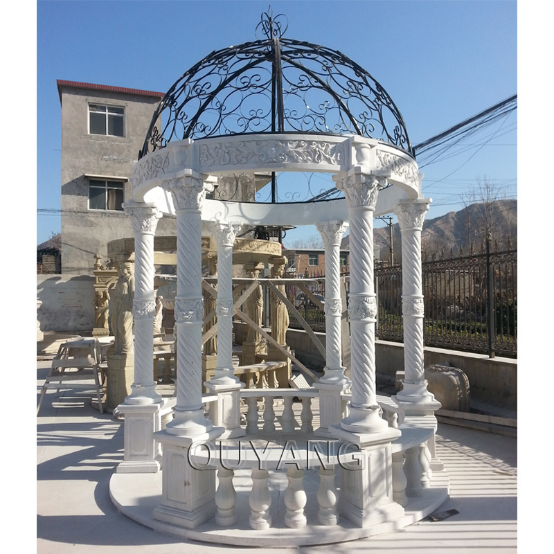 QUYANG Outdoor Decoration Round Column Metal Roof Stone Wedding Pavilion White Marble Garden Gazebo