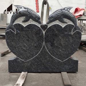 QUYANG Wholesale Two Dolphin Heart-shaped Black Granite Grave Stone Tombstone Slab Cemetery Headstones And Monuments