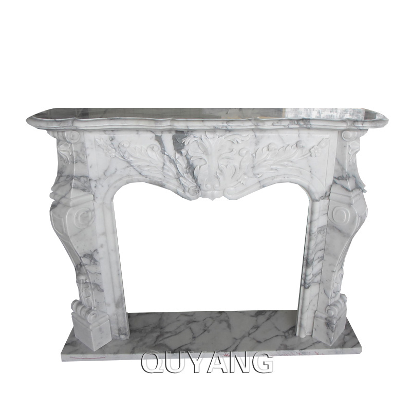 QUYANG Modern Designs Hand Carving Natural Stone Fireplace Mantles White Marble Fireplaces For Indoor Decoration