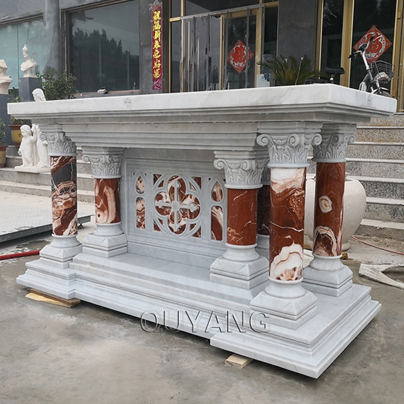 QUYANG European Style Luxury Prayer Altar Stone Carving Saint Statues Marble Religious Altars for Church