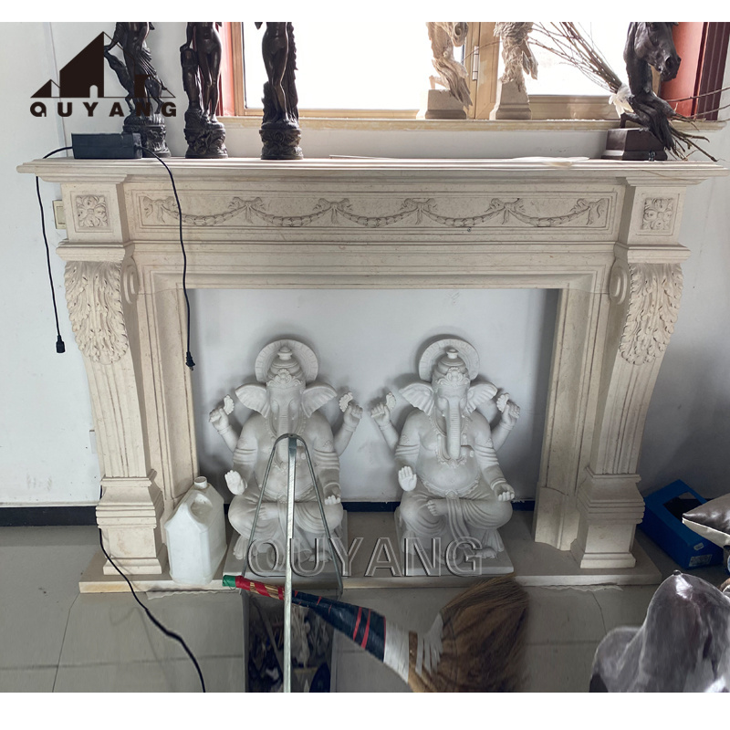 QUYANG Modern Indoor Decoration Hand Carved Natural Lined Stone Relief White Marble  Freestanding Fireplace Mantel