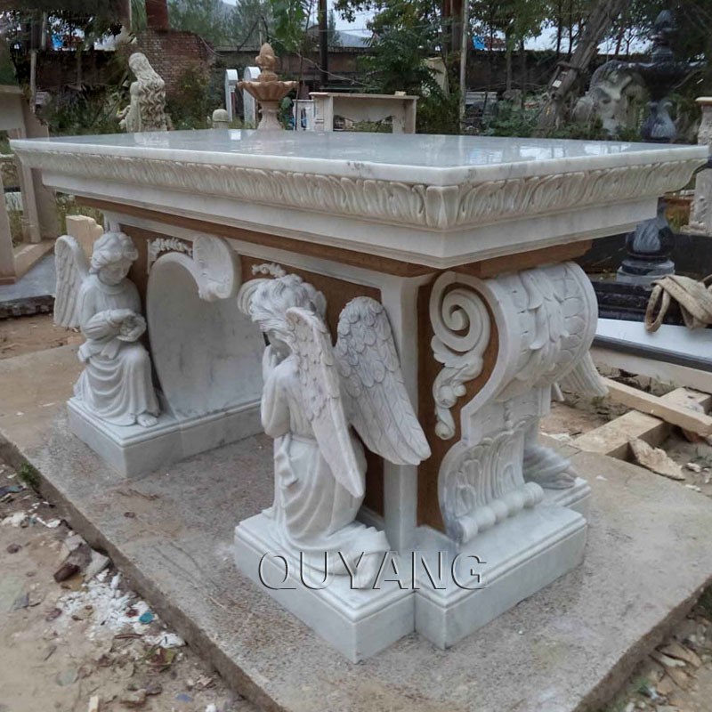 QUYANG Western Style Religious Kneeling Angel Statue Marble Altars Table Church Decoration Stone Altar for sale