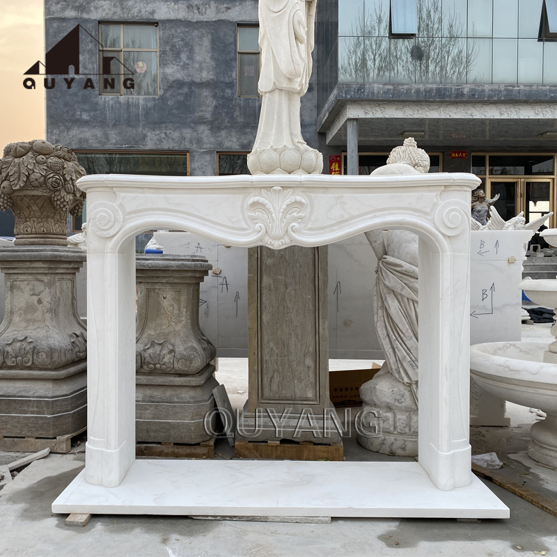 QUYANG Modern Luxury Home Decor Fireplace Mantle White Stone Mantel Marble Arabescato Freestanding Fireplace