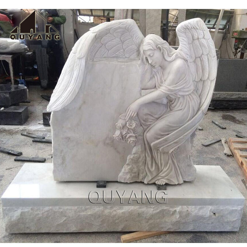 QUYANG European Style Handcarved Natural Stone Cemetery Guardian Angel Tombstone Monument Marble Headstone