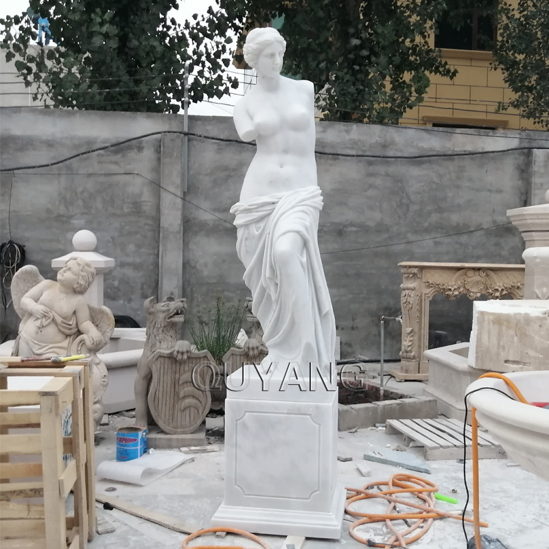 QUYANG Modern Outdoor Handcarved Life Size Naked Woman Yemaya White Marble Mermaid Statue Garden Decoration Stone Sculpture