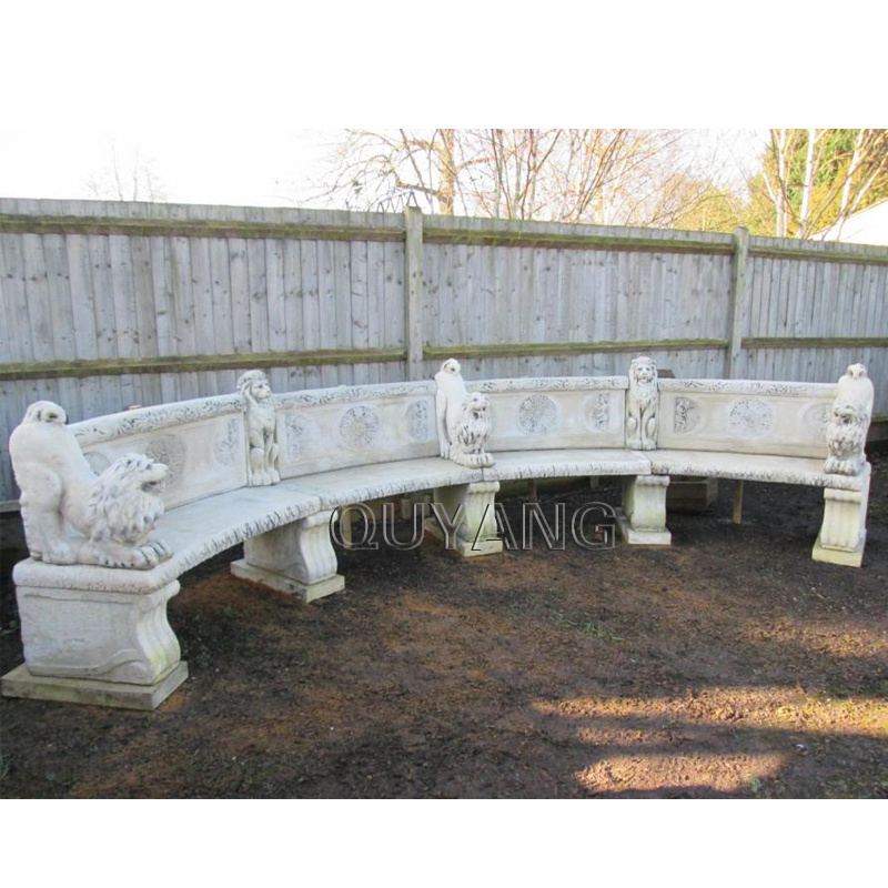 QUYANG Outdoor Decoration Modern Design Large Natural Stone Carving Lion Garden White Marble Granite Bench for Sale