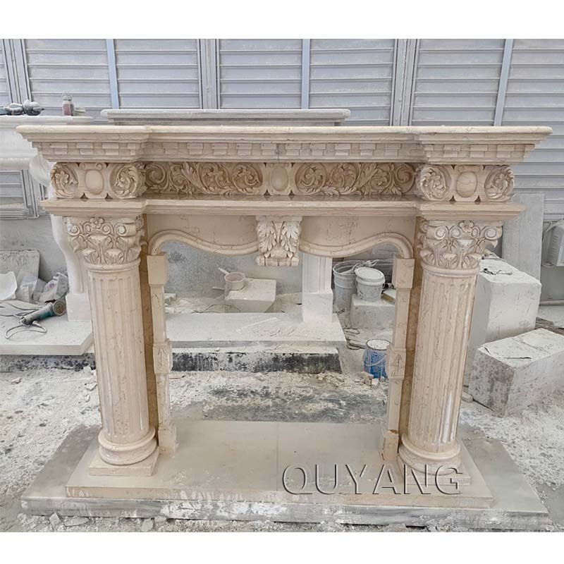 QUYANG Modern Luxury Free Standing Granite Roman Column French Fireplace Surround Marble Mantel Home Decor