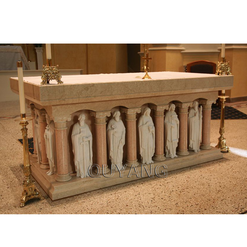 QUYANG European Style Luxury Prayer Altar Stone Carving Saint Statues Marble Religious Altars for Church