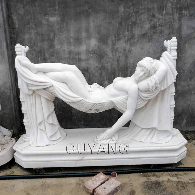 QUYANG Modern Outdoor Handcarved Life Size Naked Woman Yemaya White Marble Mermaid Statue Garden Decoration Stone Sculpture