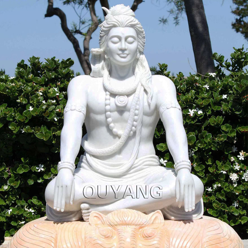 QUYANG Outdoor Garden Antique Life Size Stone Indian Lord Shiva Sculpture Marble Hindu God Meditating Statue