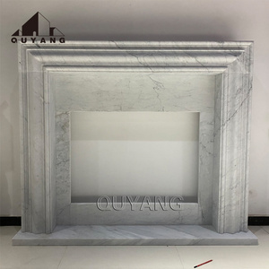 QUYANG Modern Indoor Decoration Hand Carved Natural Lined Stone Relief White Marble  Freestanding Fireplace Mantel