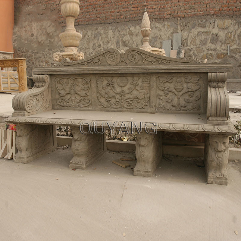 QUYANG Outdoor Decoration Modern Design Large Natural Stone Carving Lion Garden White Marble Granite Bench for Sale