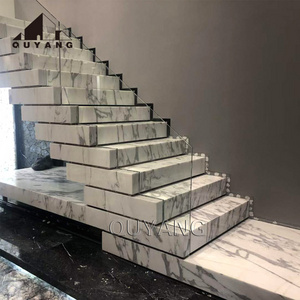 QUYANG Spot Construction Decor Natural Stone Wall Panel Luxury White Marble Alabaster Staircase Slab