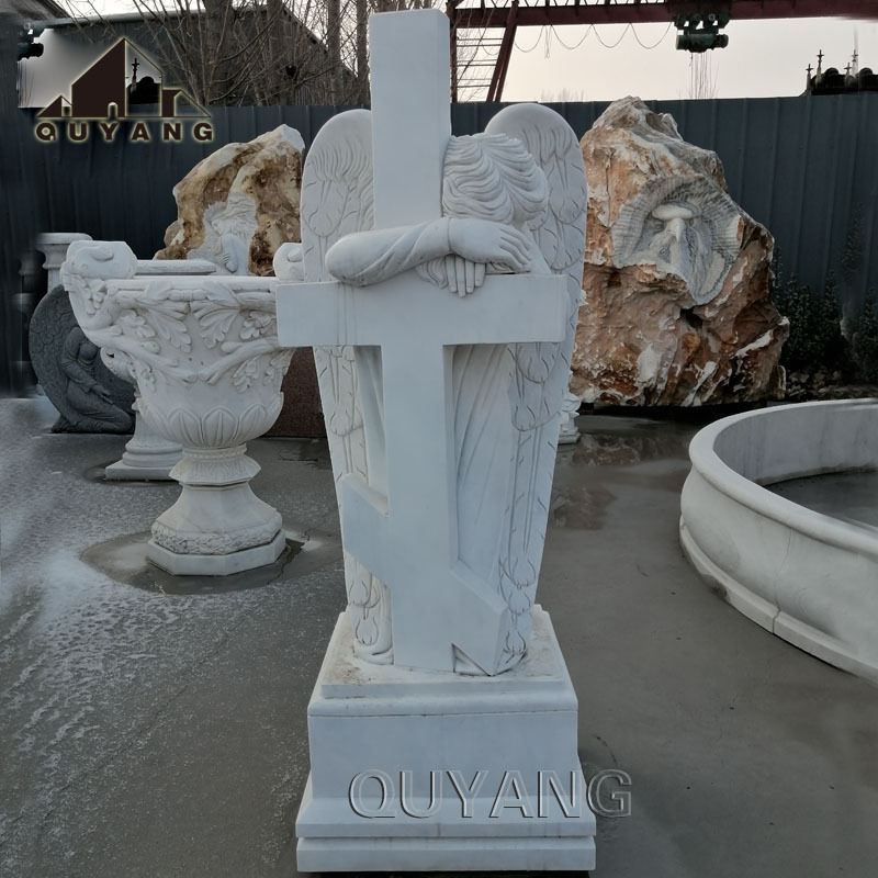 QUYANG European Style Handcarved Natural Stone Cemetery Guardian Angel Tombstone Monument Marble Headstone