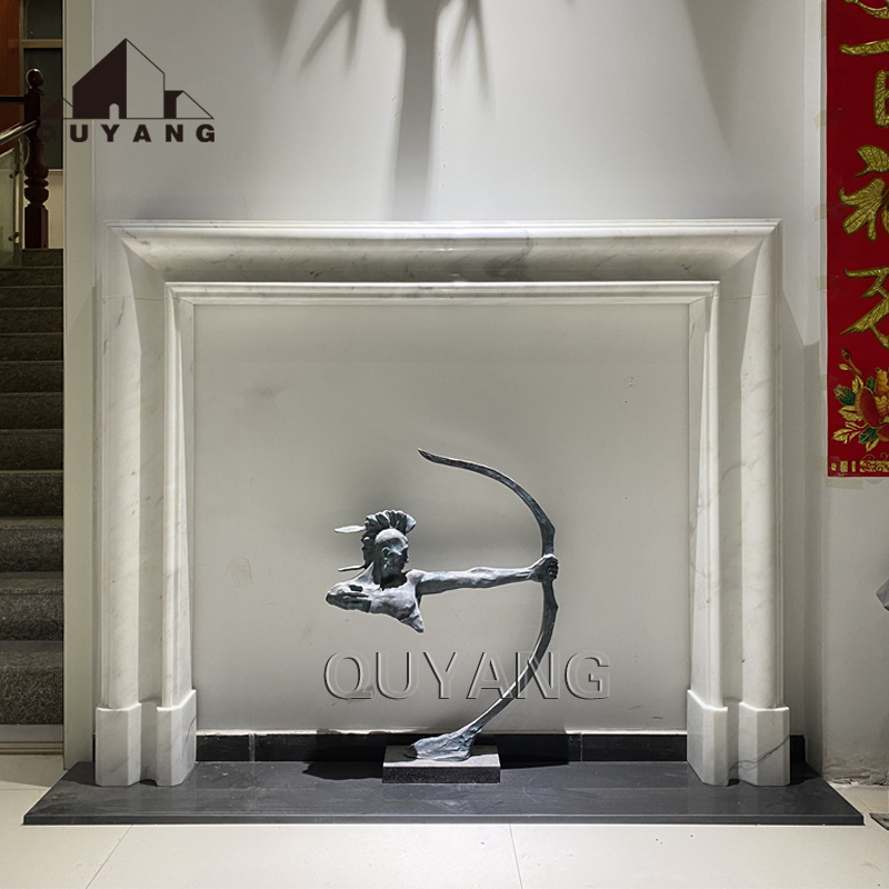 QUYANG Modern Luxury Home Decor Fireplace Mantle White Stone Mantel Marble Arabescato Freestanding Fireplace