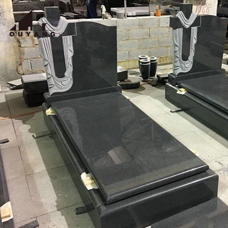 QUYANG Wholesale Two Dolphin Heart-shaped Black Granite Grave Stone Tombstone Slab Cemetery Headstones And Monuments