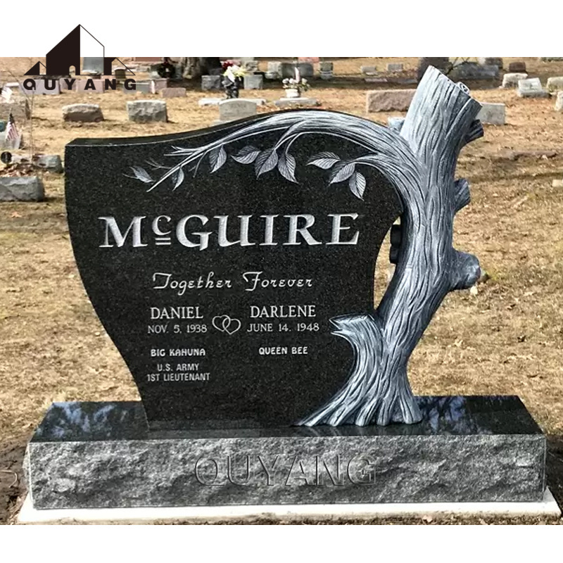 QUYANG Custom Black Polished Granite Headstone Cemetery Monuments With Tree Sculpture