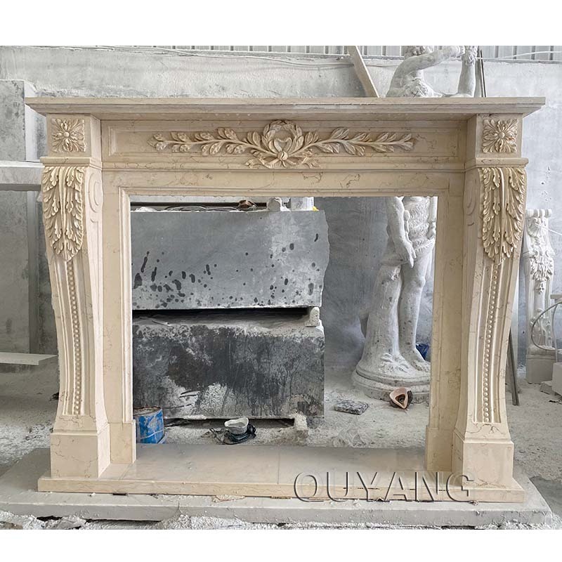 QUYANG Modern Luxury Free Standing Granite Roman Column French Fireplace Surround Marble Mantel Home Decor