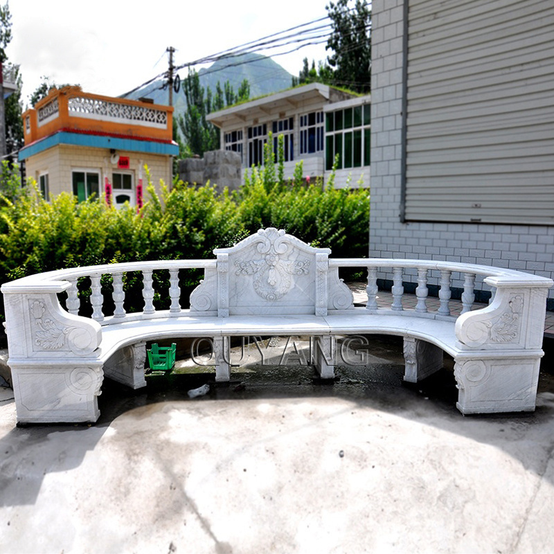 QUYANG Outdoor Decoration Modern Design Large Natural Stone Carving Lion Garden White Marble Granite Bench for Sale