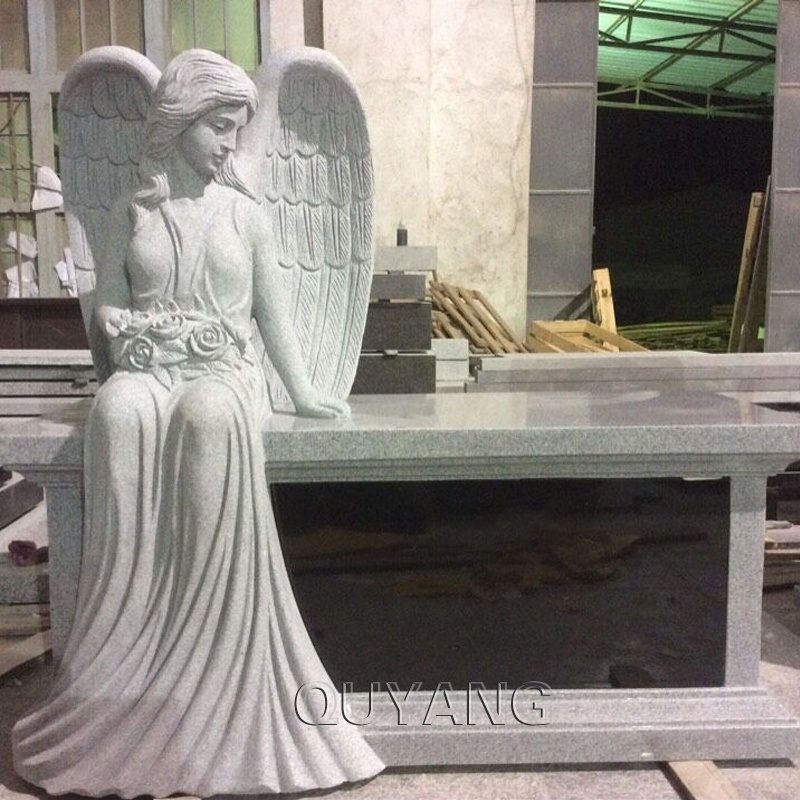 QUYANG Factory Sale European Style Stone Carving Granite White Marble Women Weeping Angel Cemetery Tombstone Monument