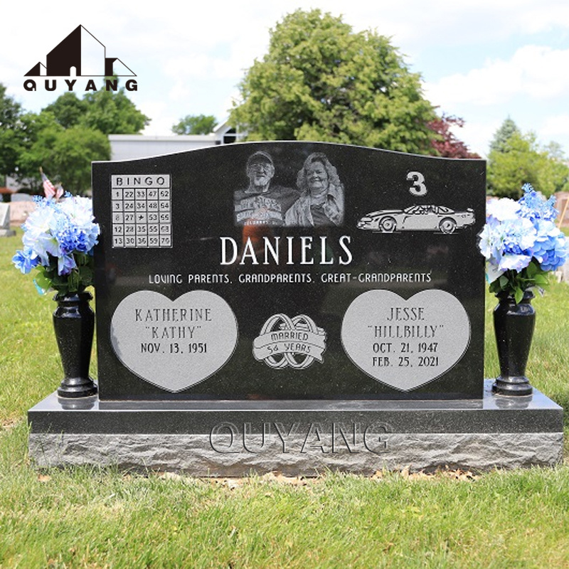 QUYANG Custom Black Polished Granite Headstone Cemetery Monuments With Tree Sculpture