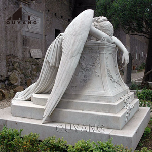 QUYANG Factory Sale European Style Stone Carving Granite White Marble Women Weeping Angel Cemetery Tombstone Monument