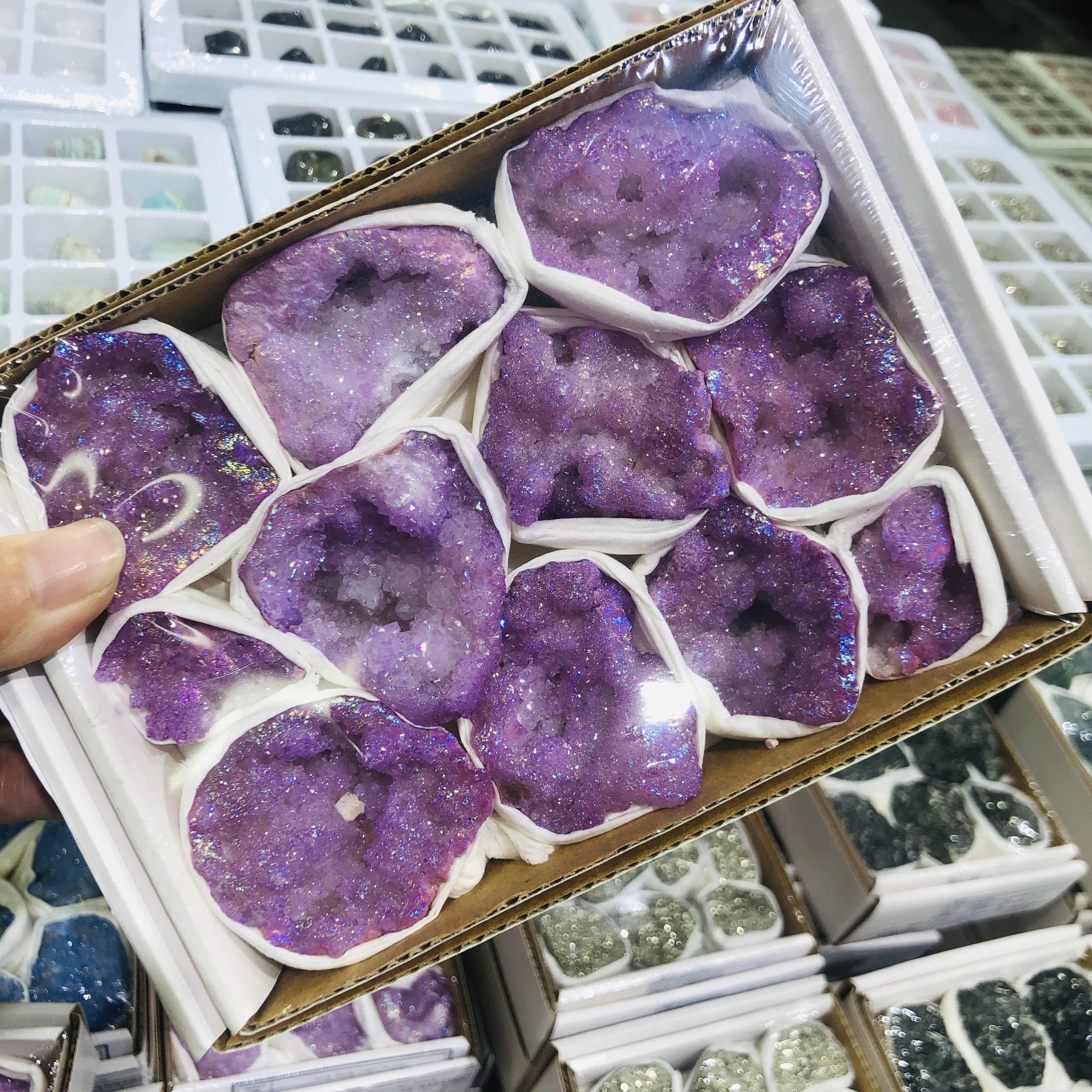 Wholesale natural high quality purple aura druzy agate geode cluster purple crystal quartz healing gemstone box set for gifts