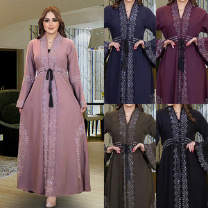 Middle East Rhinestone Lace Up Robe Exquisite Beaded Muslim Women Dress Black Abaya