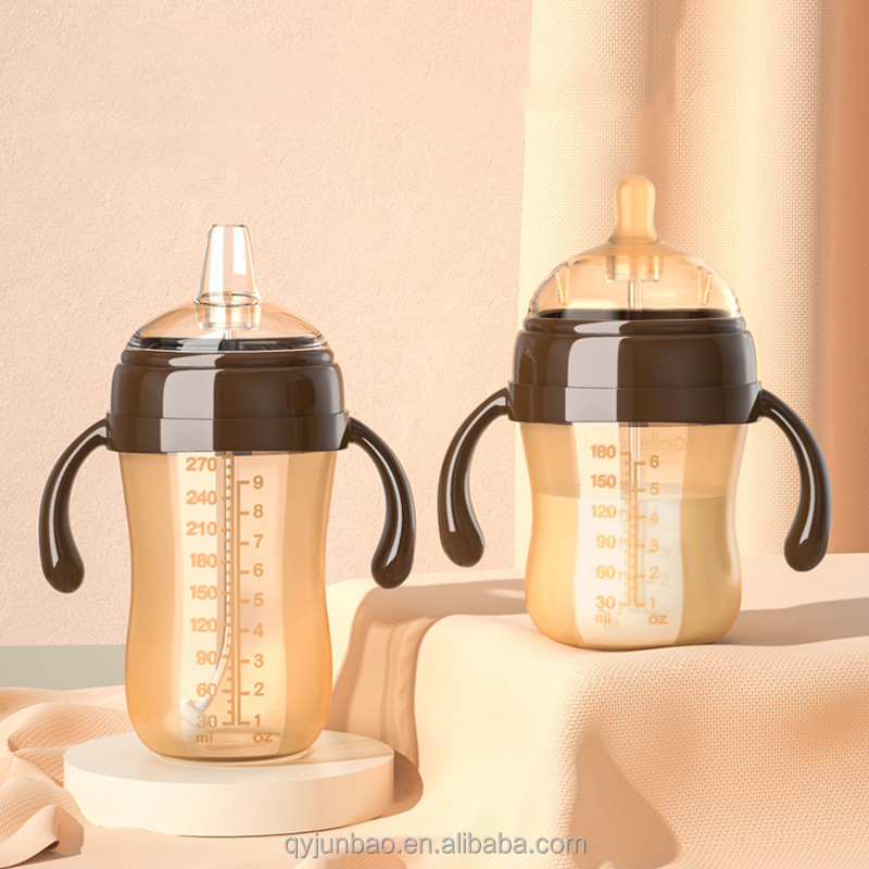 Custom logo 2022 New Design EN14350 Quality Standard handled brown silicone baby bottle Hands Free anti colic feeding Bottle For