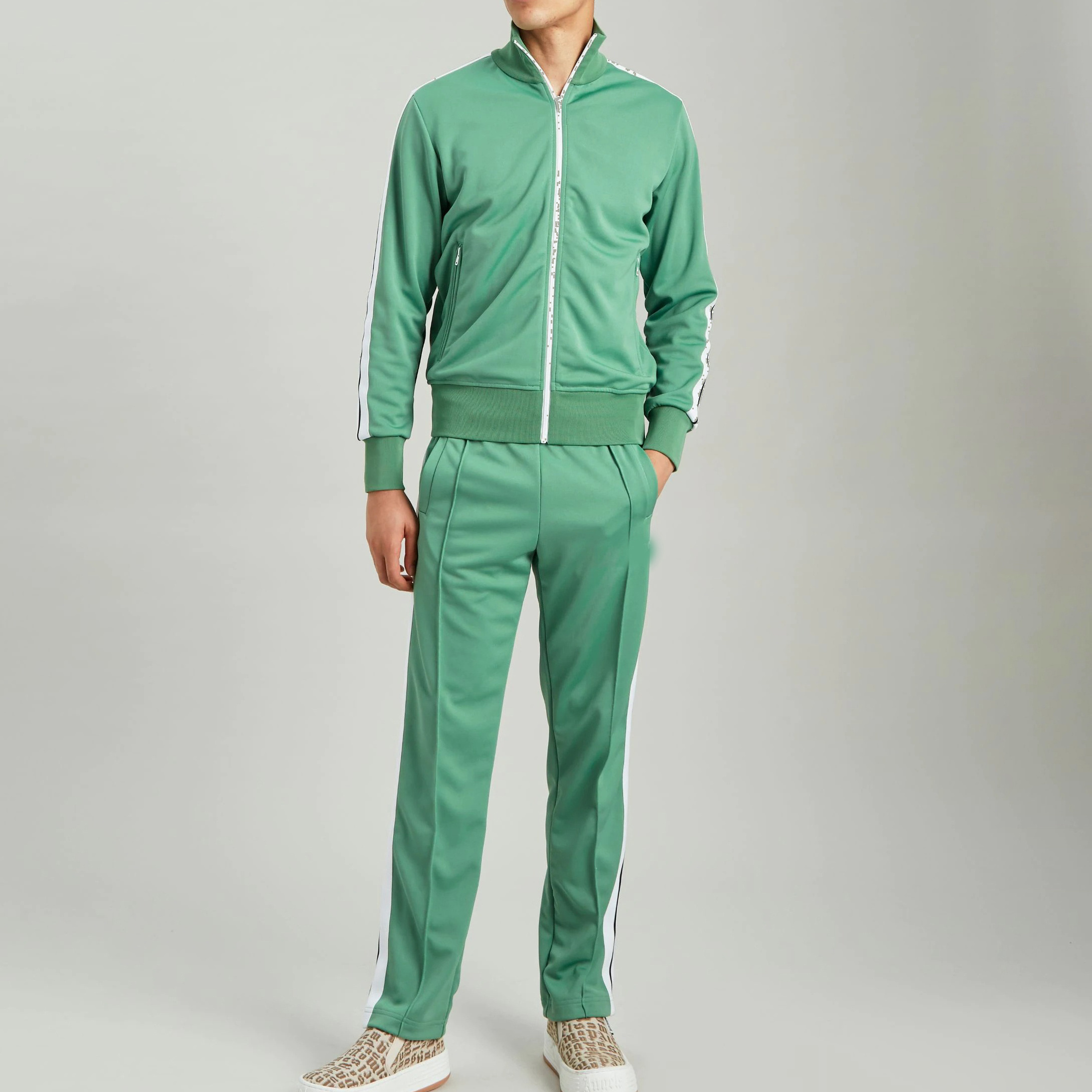 QYOURECLO Custom Logo Print White Side Stripes Two Pockets Elasticized Waistband Green Tracksuit