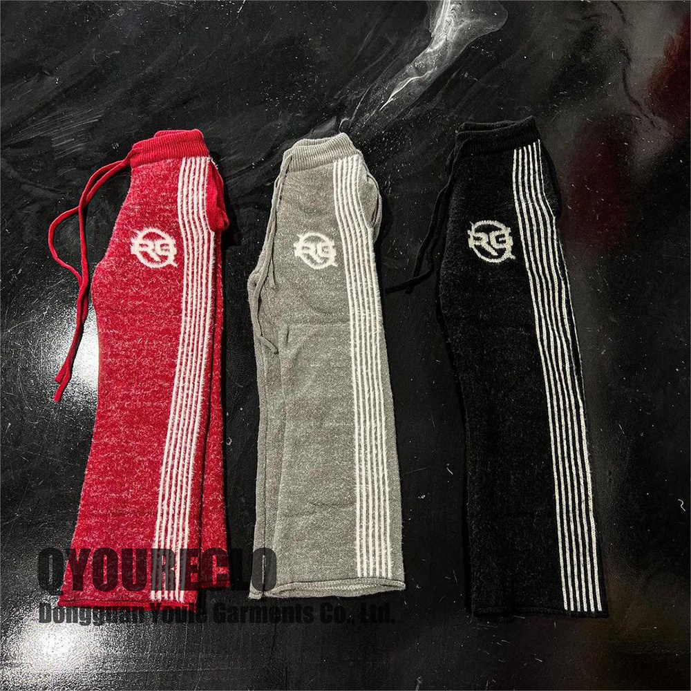 QYOURECLO Custom Streetwear Track Soft Touch Knitted Fuzzy Nylon Cotton Wool Stacked Men Mohair Flared Sweat Pants