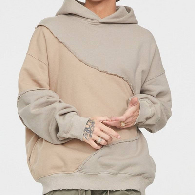 QYOURECLO Custom Logo Streetwear Raw Cut Blank Oversized Cotton Mens Two Tone Color Block Patchwork Hoodie