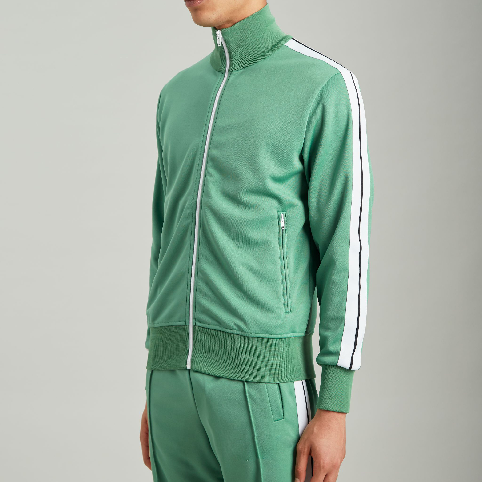 QYOURECLO Custom Logo Print White Side Stripes Two Pockets Elasticized Waistband Green Tracksuit