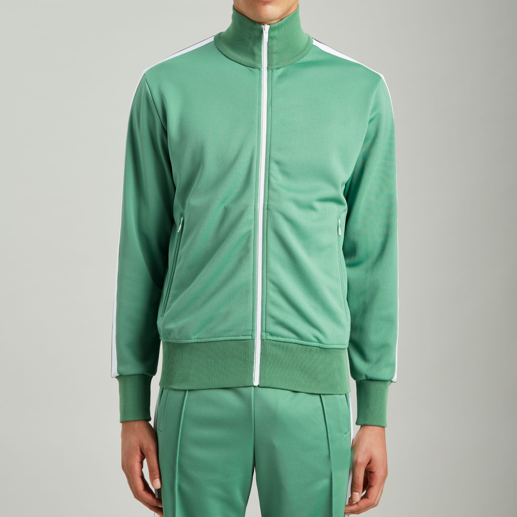 QYOURECLO Custom Logo Print White Side Stripes Two Pockets Elasticized Waistband Green Tracksuit