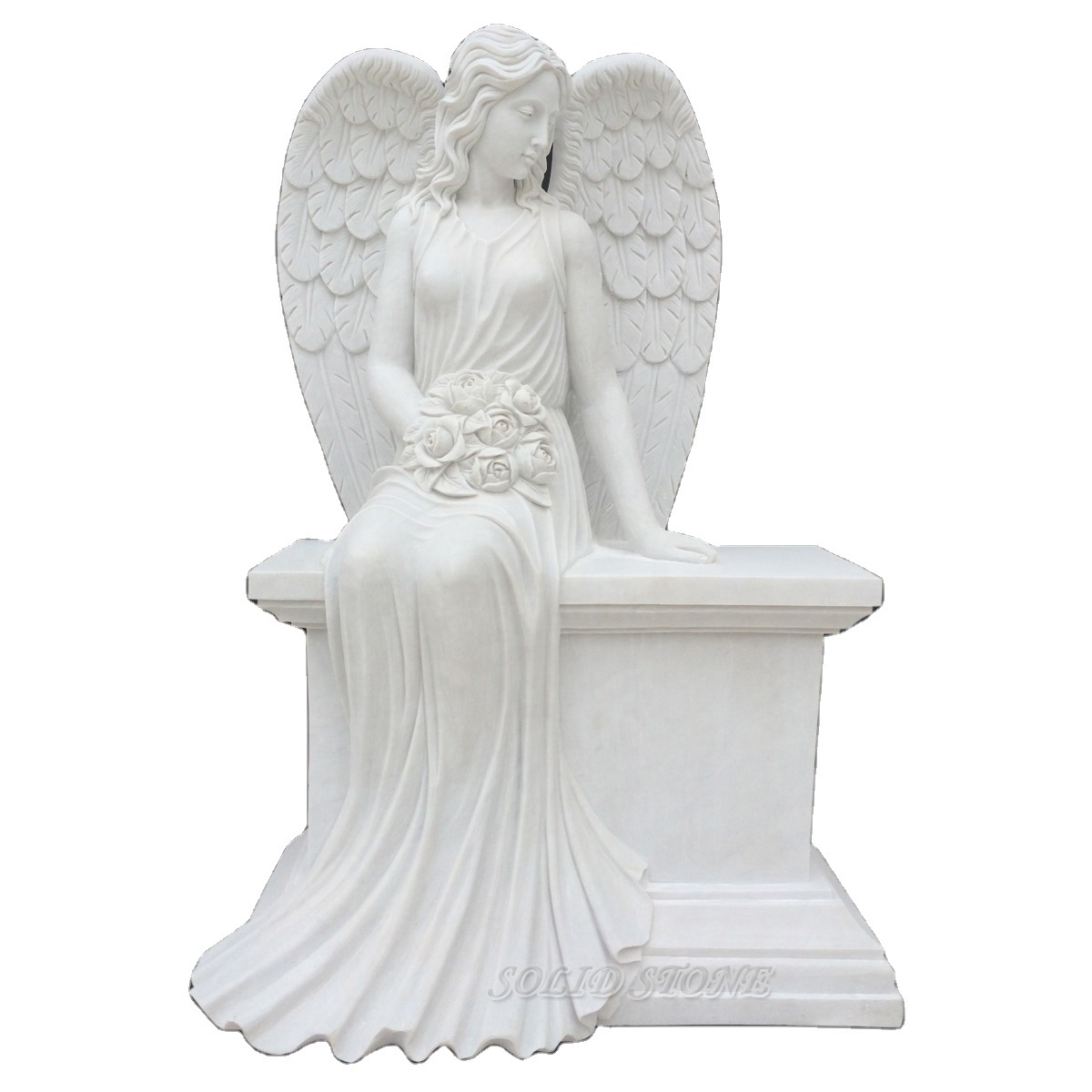 Factory direct supply customizable Hand carved exquisite white marble angel wings headstone