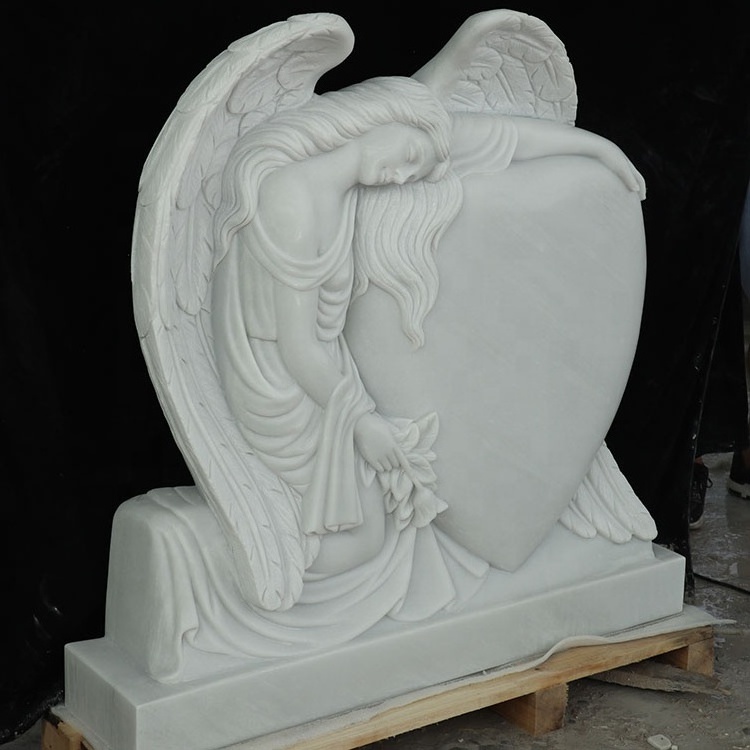 Low price wholesale unique beautiful Hand carving exquisite natural white marble outdoors heart shaped angel monument