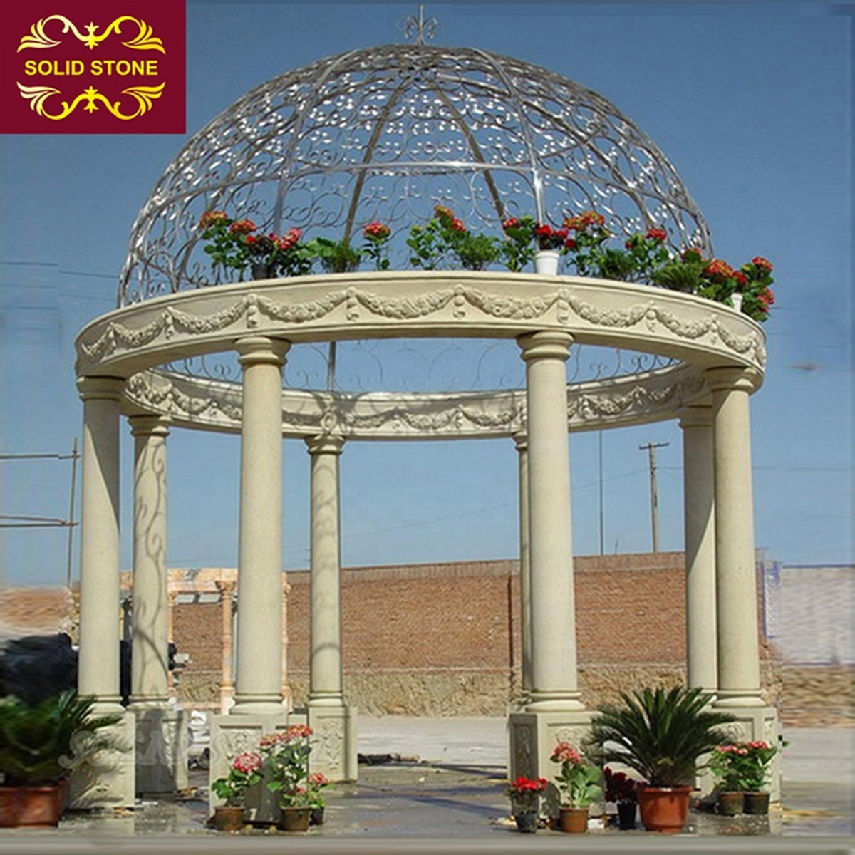 Factory direct sale various hand carved natural stone gazebo with metal roof