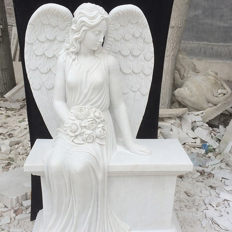 Factory direct supply customizable Hand carved exquisite white marble angel wings headstone