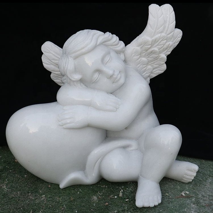 Well selected white marble stone carved little baby angel holding heart headstone