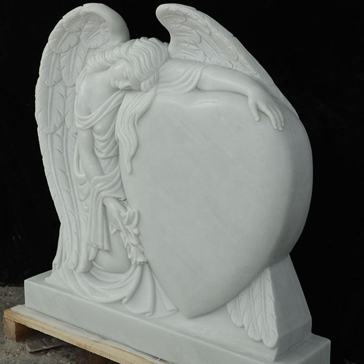 Low price wholesale unique beautiful Hand carving exquisite natural white marble outdoors heart shaped angel monument