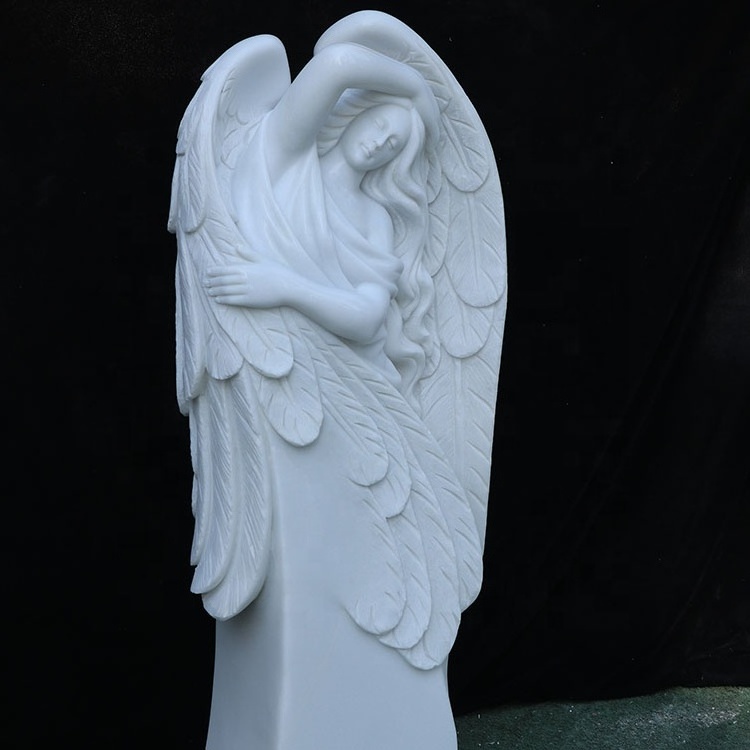 Factory direct sell custom made beautiful natural white marble angel gravestone